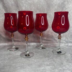(4) Cristalleria Fumo Hand Made Red Wine Glasses Set Of 4 Italy Golden Accents